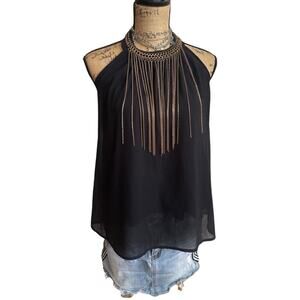 LOVE CULTURE women black top with detailed golden strand on neckline SZ MEDIUM